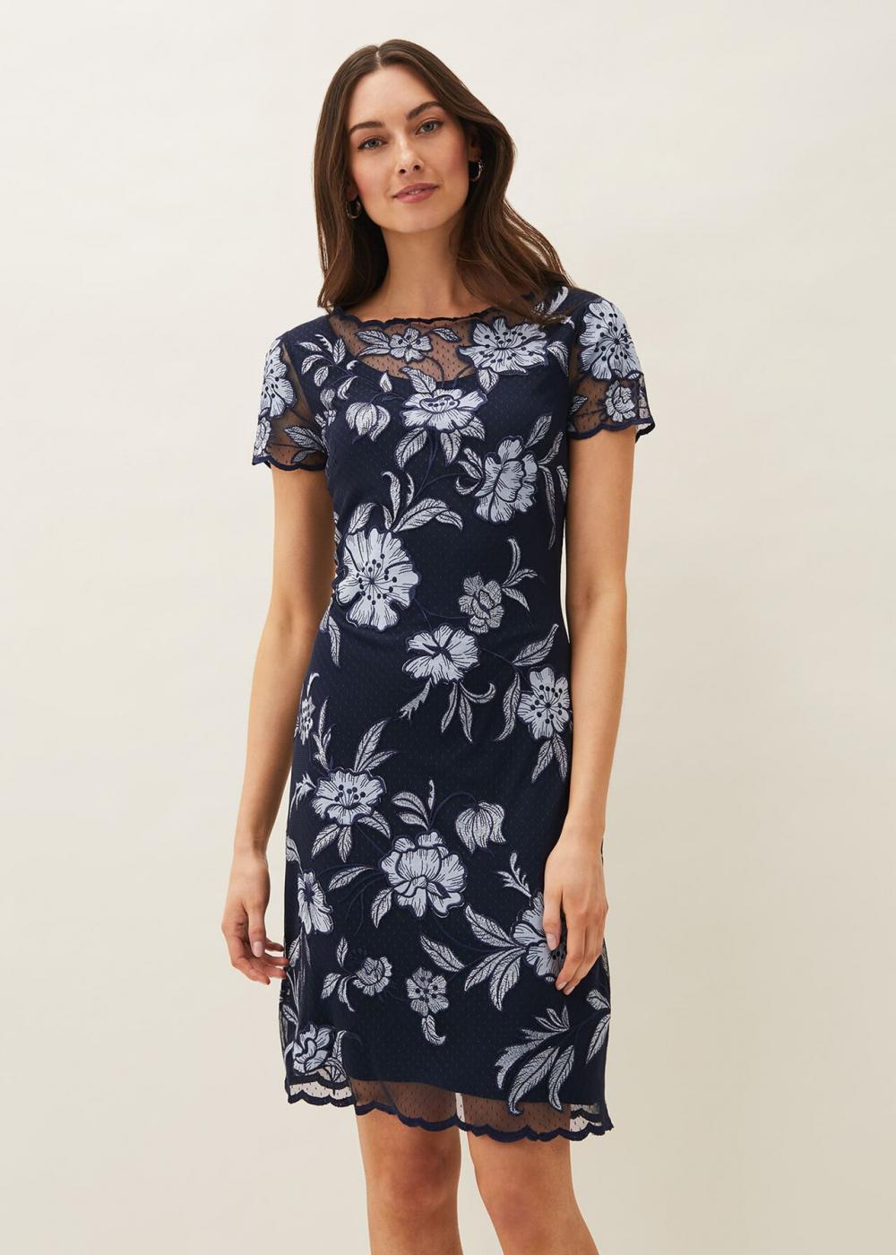 Hanna Floral Embroidered Dress Indigo | Phase Eight Womens Occasion Dresses