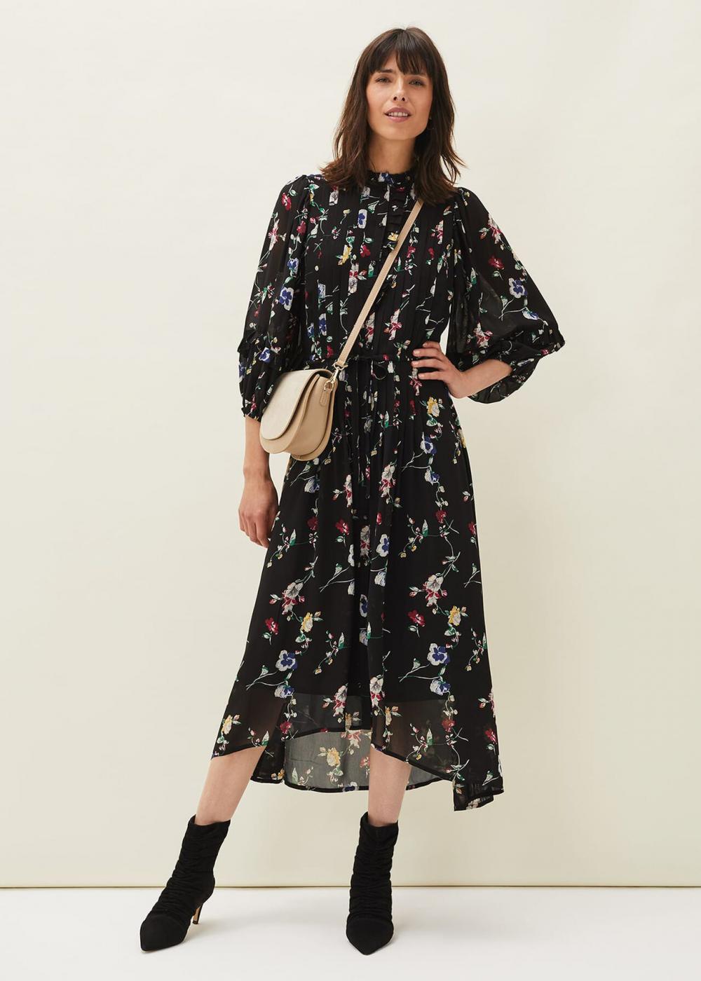 Imara Floral Print Midaxi Dress Black/Multi | Phase Eight Womens Midi Dresses
