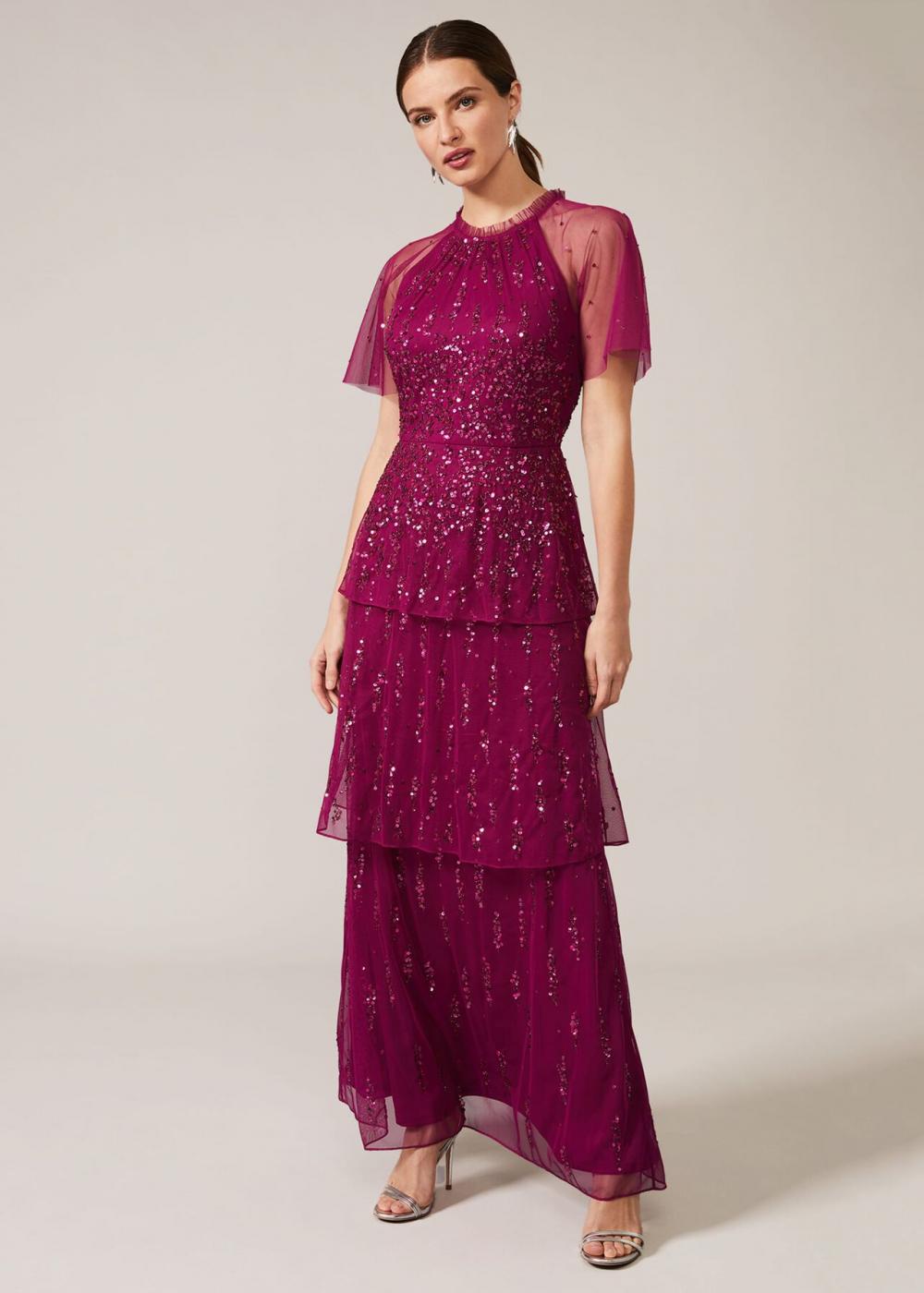 Liliana Tiered Embellished Dress Berry | Phase Eight Womens Occasion Dresses